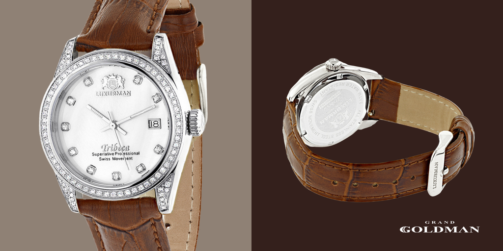 Montre à diamant pour femme Luxurman à quartz suisse Tribeca avec bracelet en cuir - Éblouissante et intemporelle : 49 meilleures montres à diamant que vous pouvez acheter aujourd'hui - GRANDGOLDMAN.COM
