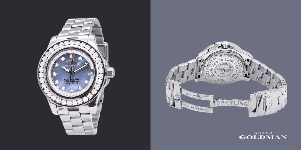 Montre en diamant pour femme, cadran MOP bleu, Breitling Colt, lunette en diamant véritable 2,5 ct - Éblouissante et intemporelle : 49 meilleures montres en diamant que vous pouvez acheter aujourd'hui - GRANDGOLDMAN.COM