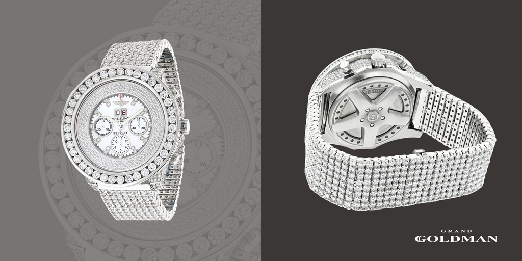 Bust Down Breitling Bentley 1884 Montre pour homme en or et diamant 42,45 ct MOP blanc - Éblouissante et intemporelle : 49 meilleures montres en diamant que vous pouvez acheter aujourd'hui - GRANDGOLDMAN.COM