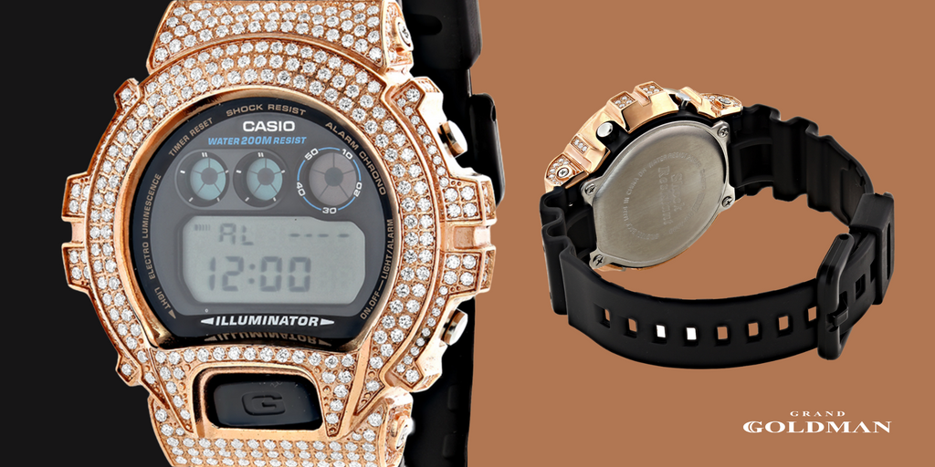 Montre Casio G-Shock en cristal CZ blanc plaqué or rose DW6900 - Éblouissante et intemporelle : 49 meilleures montres en diamant que vous pouvez acheter aujourd'hui - GRANDGOLDMAN.COM