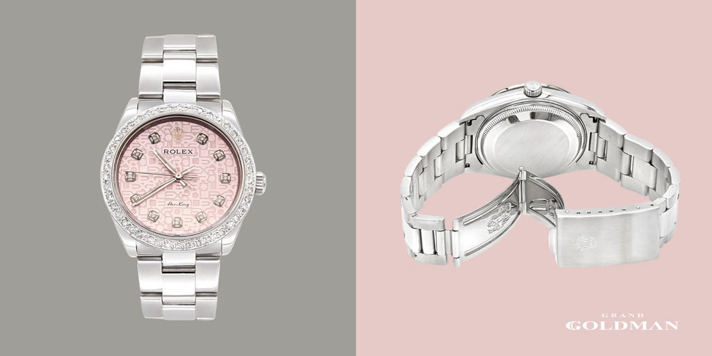Montre Air King Rolex en diamant pour femme, cadran rose 2 carats - Éblouissante et intemporelle : 49 meilleures montres en diamant que vous pouvez acheter aujourd'hui - GRANDGOLDMAN.COM