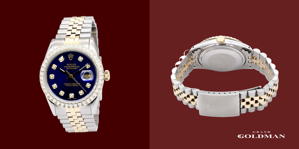 Montre Rolex diamant 36 mm pour homme Datejust 1603 cadran bleu or jaune 3,7 carats - Éblouissante et intemporelle : 49 meilleures montres en diamant que vous pouvez acheter aujourd'hui - GRANDGOLDMAN.COM