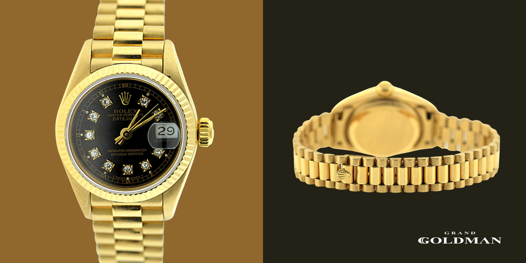 Montre pour femme Rolex Presidential Datejust en or jaune 18 carats avec diamants 0,1 ct - Éblouissante et intemporelle : 49 meilleures montres en diamant que vous pouvez acheter aujourd'hui - GRANDGOLDMAN.COM