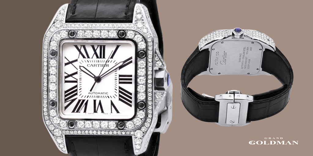 Montre personnalisée en diamant pour homme Cartier Santos 100 6,92 ct - Éblouissante et intemporelle : 49 meilleures montres en diamant que vous pouvez acheter aujourd'hui - GRANDGOLDMAN.COM