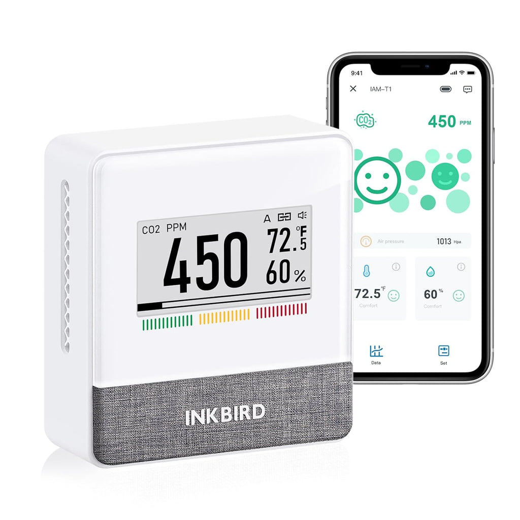INKBIRD Portable CO2 Detector with Bluetooth, Smart Indoor Air Quality Monitor, can detects CO2, Temperature, Humidity, etc., Electronic Ink Display & 4 Year - best indoor air quality monitor - grandgoldman.com