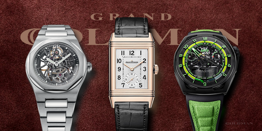 Les meilleures montres de luxe pour hommes - Montres Jaeger LeCoultre Reverso, HYT Hastroid et Girard-Perregaux Laureato - GRANDGOLDMAN.COM