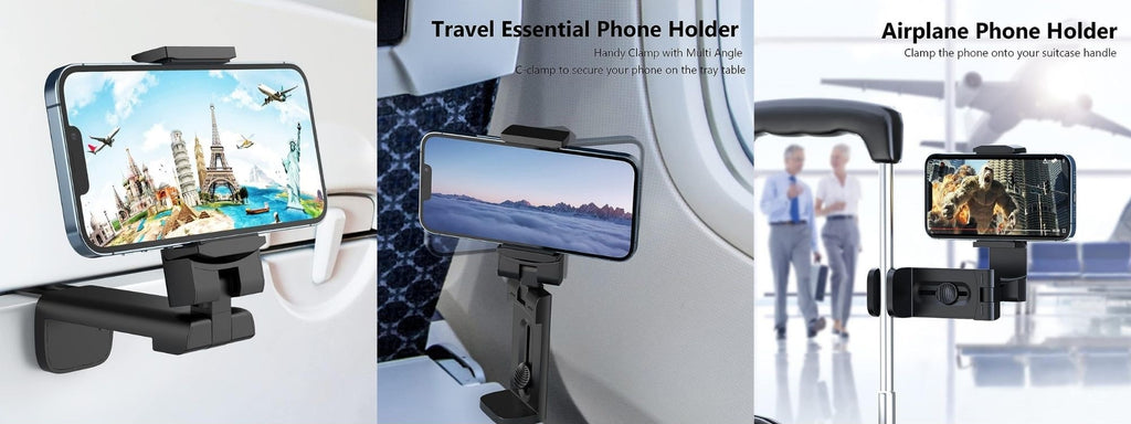MiiKARE Support de téléphone pour voyage en avion, support de téléphone mains libres universel pour voler avec rotation à 360 degrés, accessoire pour avion, support de téléphone indispensable pour bureau, table plateau