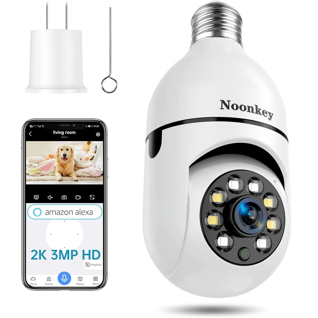 Caméra de sécurité à ampoule NOONKEY 2K3MP, WiFi 5G et 2,4 GHz Alexa E27 360° : Meilleure prise de lumière - Meilleure caméra de sécurité à ampoule - GRANDGOLDMAN.COM