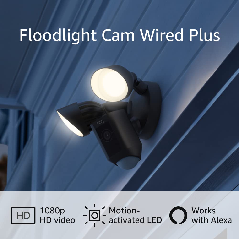 Ring Floodlight Cam Wired Plus avec vidéo HD 1080p activée par le mouvement, noir