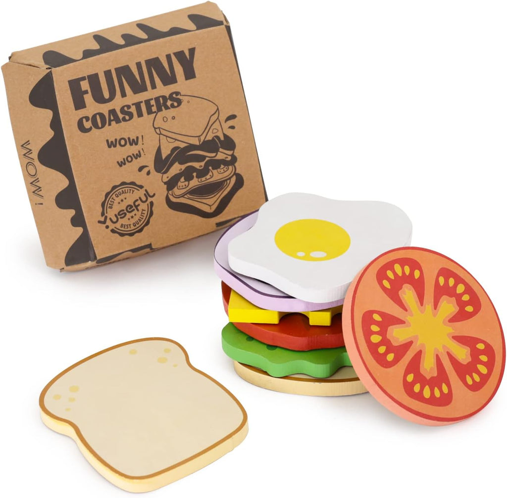 Sets of 8 Wood Sandwich Funny Coasters for Drinks - Best Weird Gift Ideas & Stuff for Friends - GRANDGOLDMAN.COM