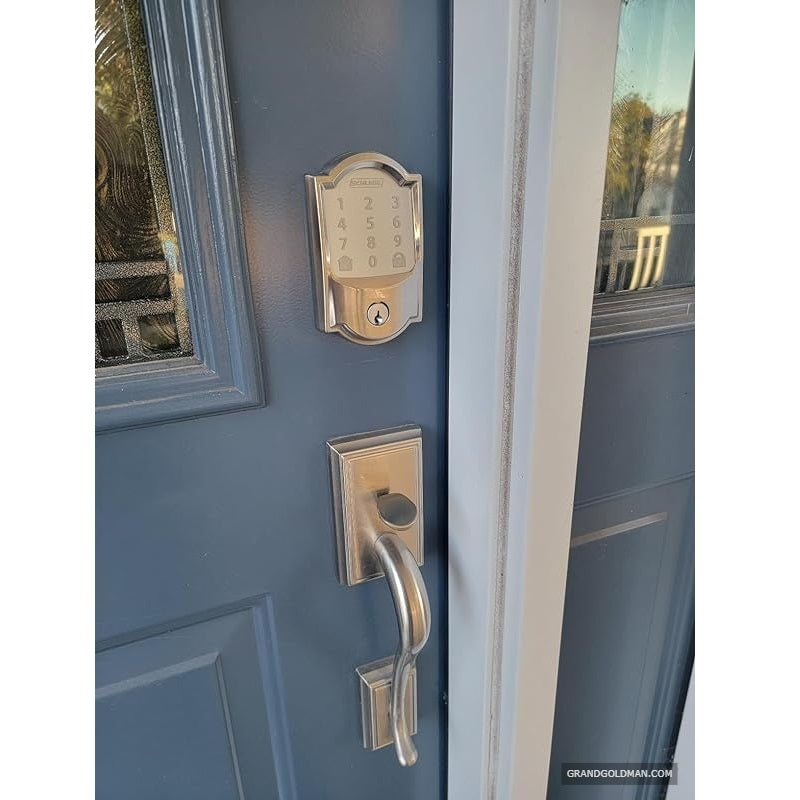 Schlage Encode Smart Wi-Fi Deadbolt with Camelot Trim in Satin Nickel  - Best smart locks for airbnb VRBO Booking - grandgoldman.com