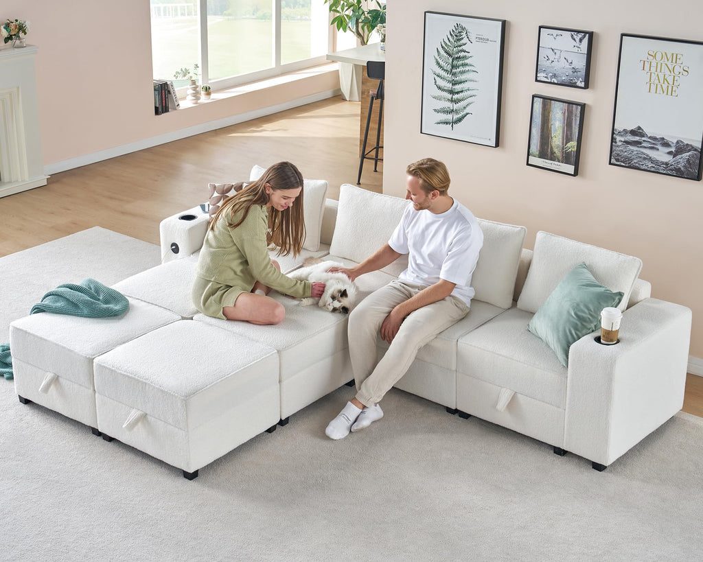 Sectional Sofa, 114 Inch Modular Sectional Sofa with 2 USB Ports & Cup Holders, 8 Seats U Shaped Couch with Storage, Ottomans, 6 Pieces Set White Bouclé Sofa Couch