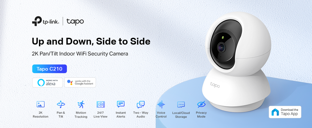 TP-Link Tapo Caméra de sécurité panoramique/inclinaison 2K pour moniteur de bébé, caméra pour chien avec détection et suivi de mouvement, audio bidirectionnel, vision nocturne, stockage sur cloud et carte SD, fonctionne avec Alexa et Google Home (Tapo C210), blanc