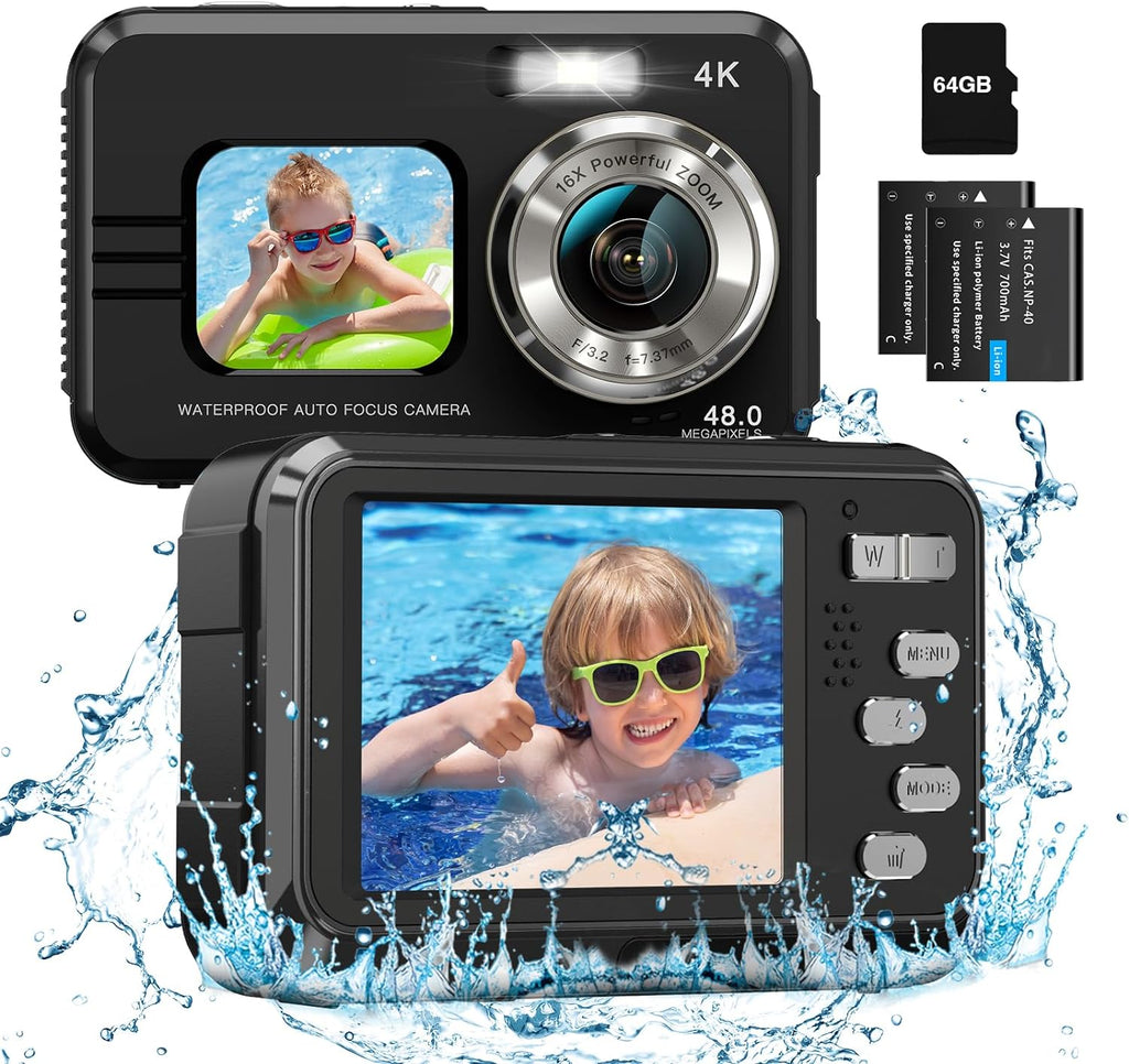 TRSUNOW 4K Waterproof Camera Underwater 64GB Card Included Dual Screens Selfie 48MP 16X Digital Zoom Fill Light 11FT for Snorkeling Kids with 2 Batteries Black