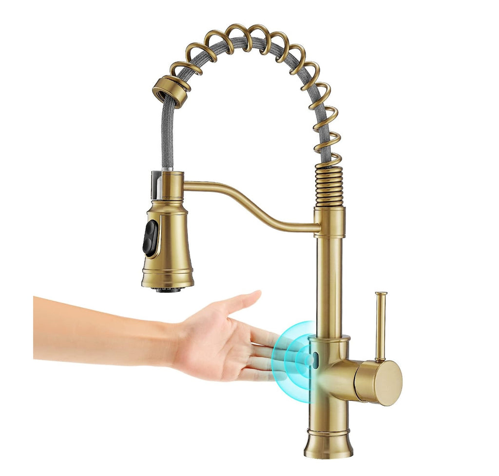 WOJIUBUXIN Brushed Gold Touchless Kitchen Faucet with Pull Down Sprayer - Best Touchless Kitchen Faucets - grandgoldman.com