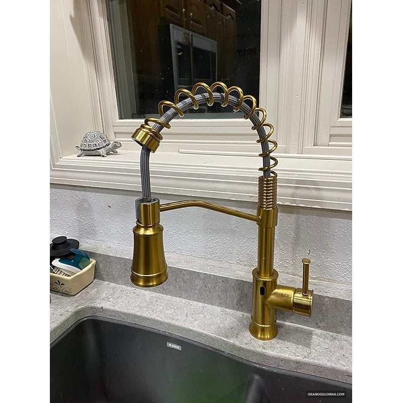 WOJIUBUXIN Brushed Gold Touchless Kitchen Faucet with Pull Down Sprayer - Best Touchless Kitchen Faucets - grandgoldman.com
