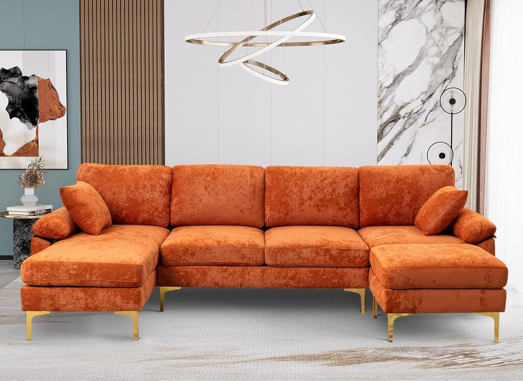 U Shaped Sectional Couch, Convertible L Shaped Velvet Modular Sofa with Chaise and Ottoman, Modern Oversized 4 Seater Sleeper Sofa Set with 2 Pillows and Metal Legs for Living Room (Orange)