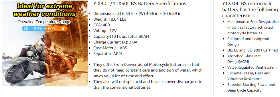 Batterie Moto Odyssey ODS-AGM30 12V 30AH 400A YIX30L-BS