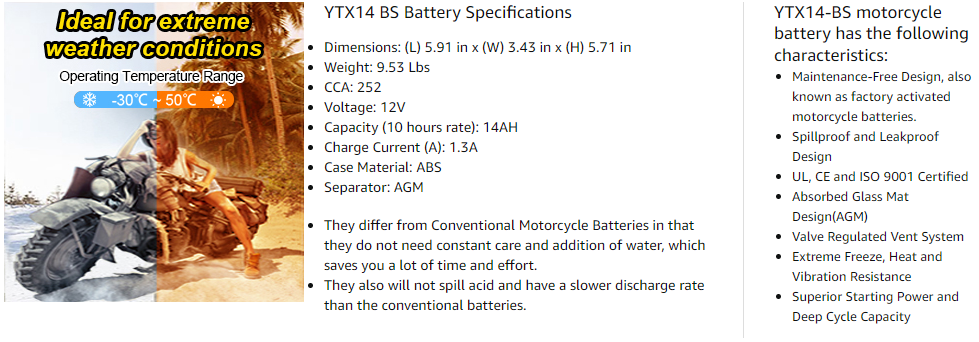 Batterie Harley AGM Leoch 12V/12Ah MX14-4-1 / ETX14 - Batteries Moto