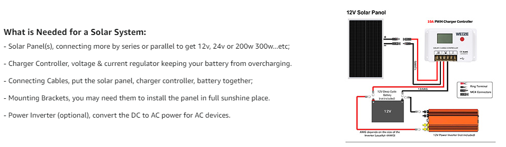 Weize Kit de inicio de panel solar de 12 V 200 W, incluye batería AGM de  ciclo profundo de 12 V 100 Ah y controlador de carga PWM de 30 A para el