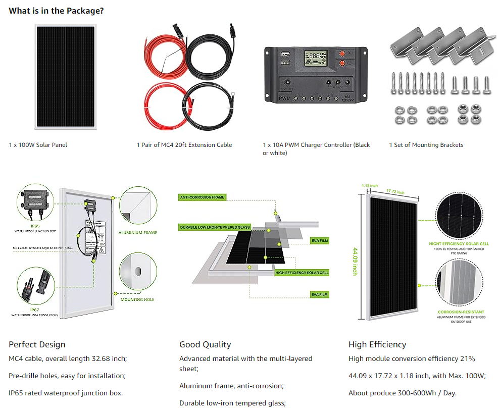 Kit Solar Photovoltaik Panel 100W 12V Laderegler 10A PWM Nvsolar