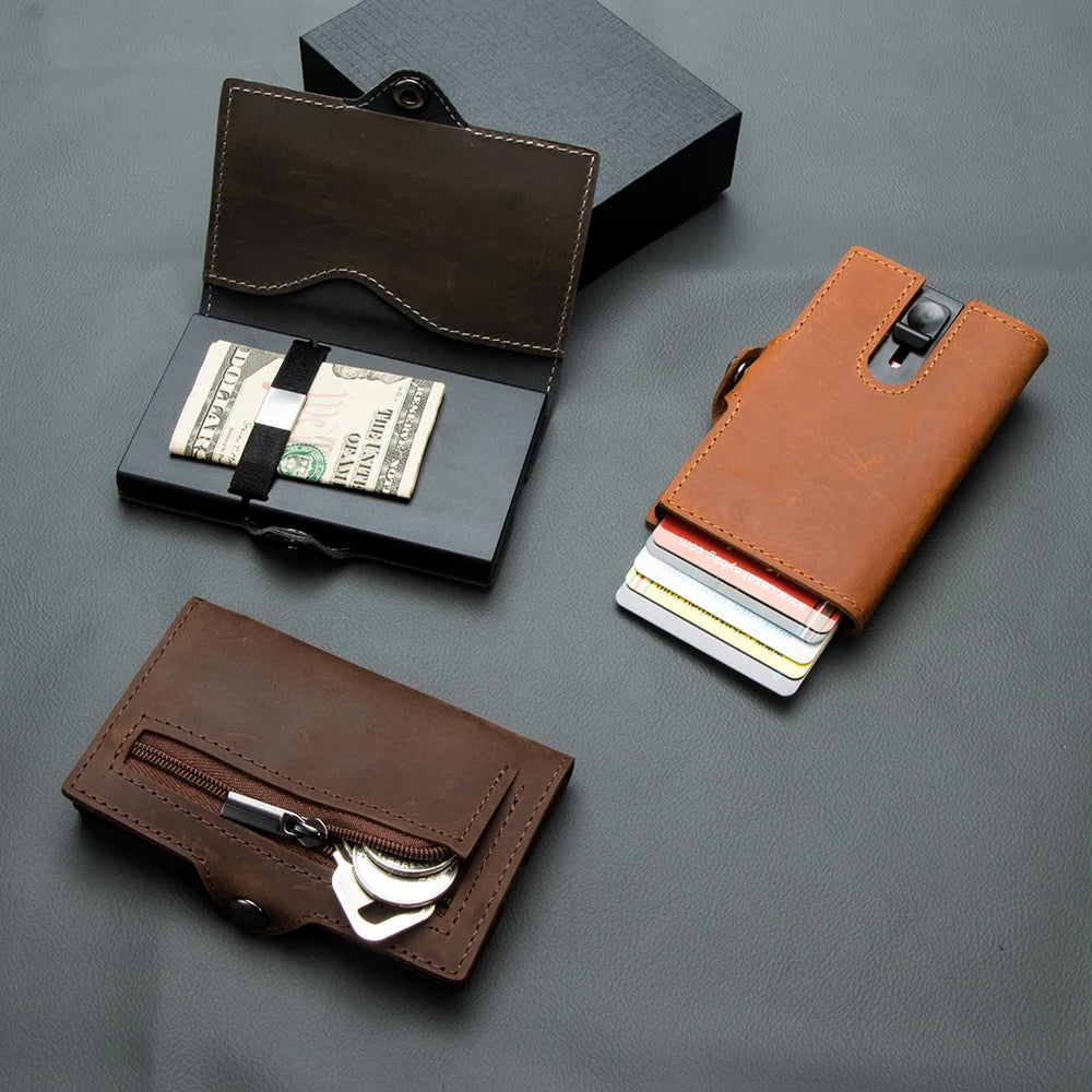 Xajzpa Men Wallets Real Cow Leahter Pop Up Business Credit Card Holder RFID Blocking Slim Smart Carbon Fiber Wallet with Pocket