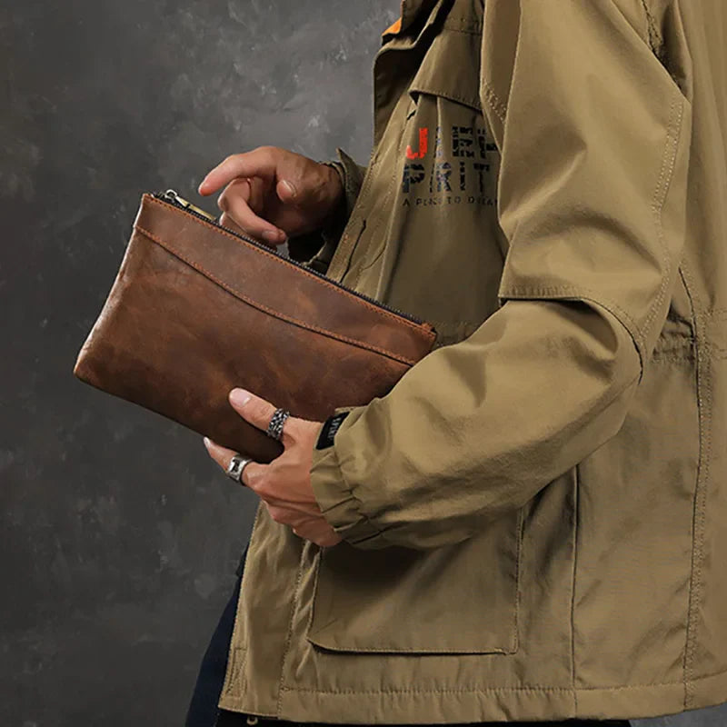 Xajzpa   Genuine Leather Men's Clutch Wallet Male Zipper Business Daily Hand Bag Large Capacity Purse For Man Phone Pouth Belt Bag
