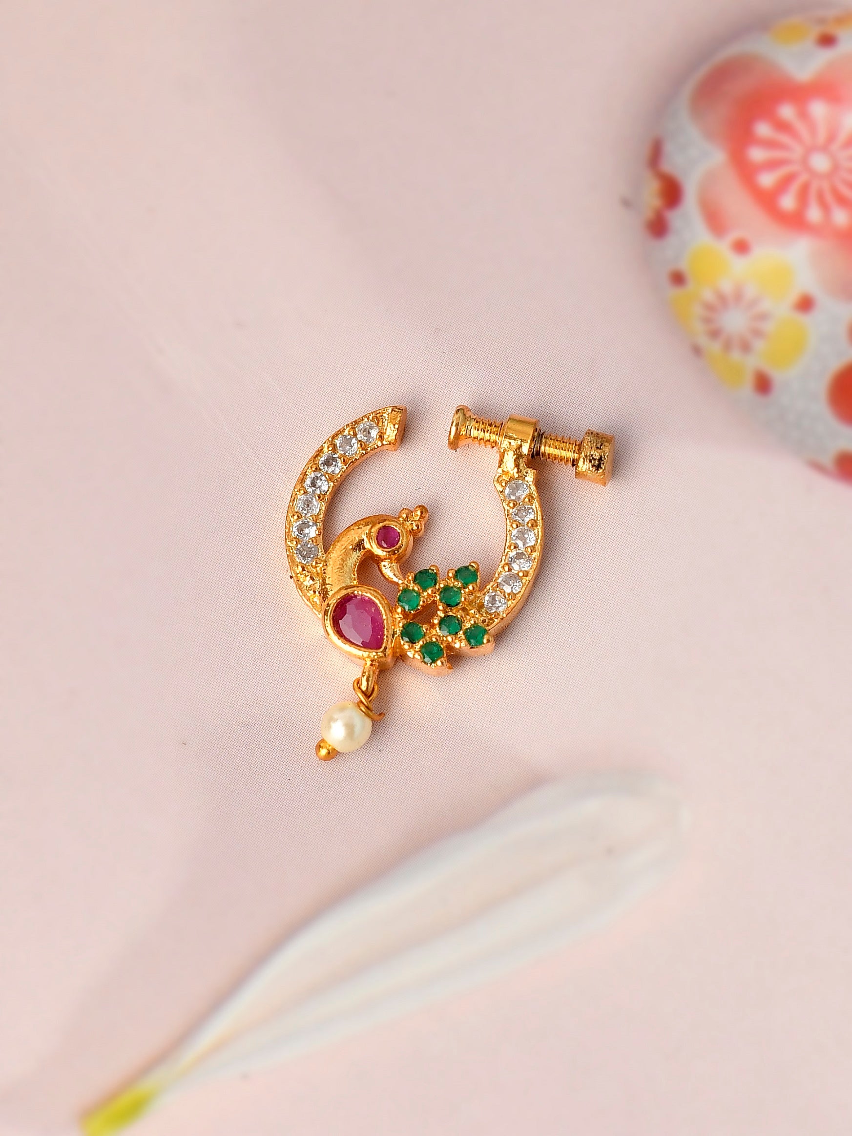 Micro gold polished Peacock Nose Nath with Pearls - Full Ruby Pink –  Nakshatra Chennai