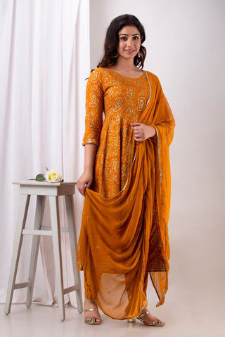 Kesarya Mustard Gold Foil Block Print Sequined Work Flared With Dupatta Kurta Set for Women Online