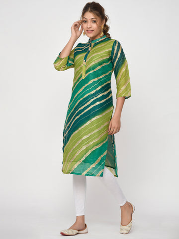 Women Green & Golden Leheriya Printed Straight Aahi Designer Kurta