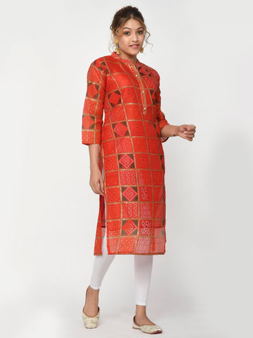 Women Orange & Gold Leheriya Straight Devina Kurta for Women Online