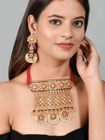 Red Beads Rajputi Aad Choker Necklace Set