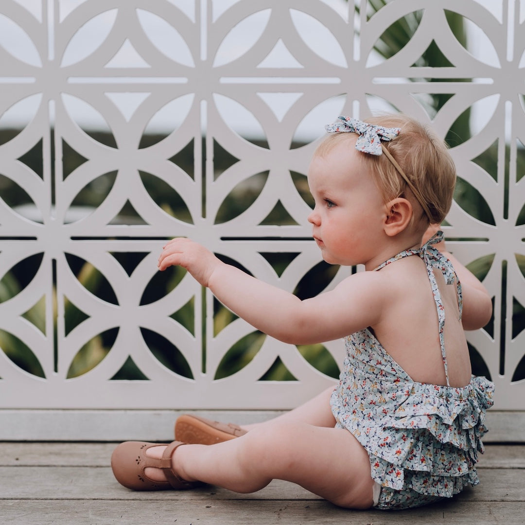 Betty bow headband in indigo gingham seersucker