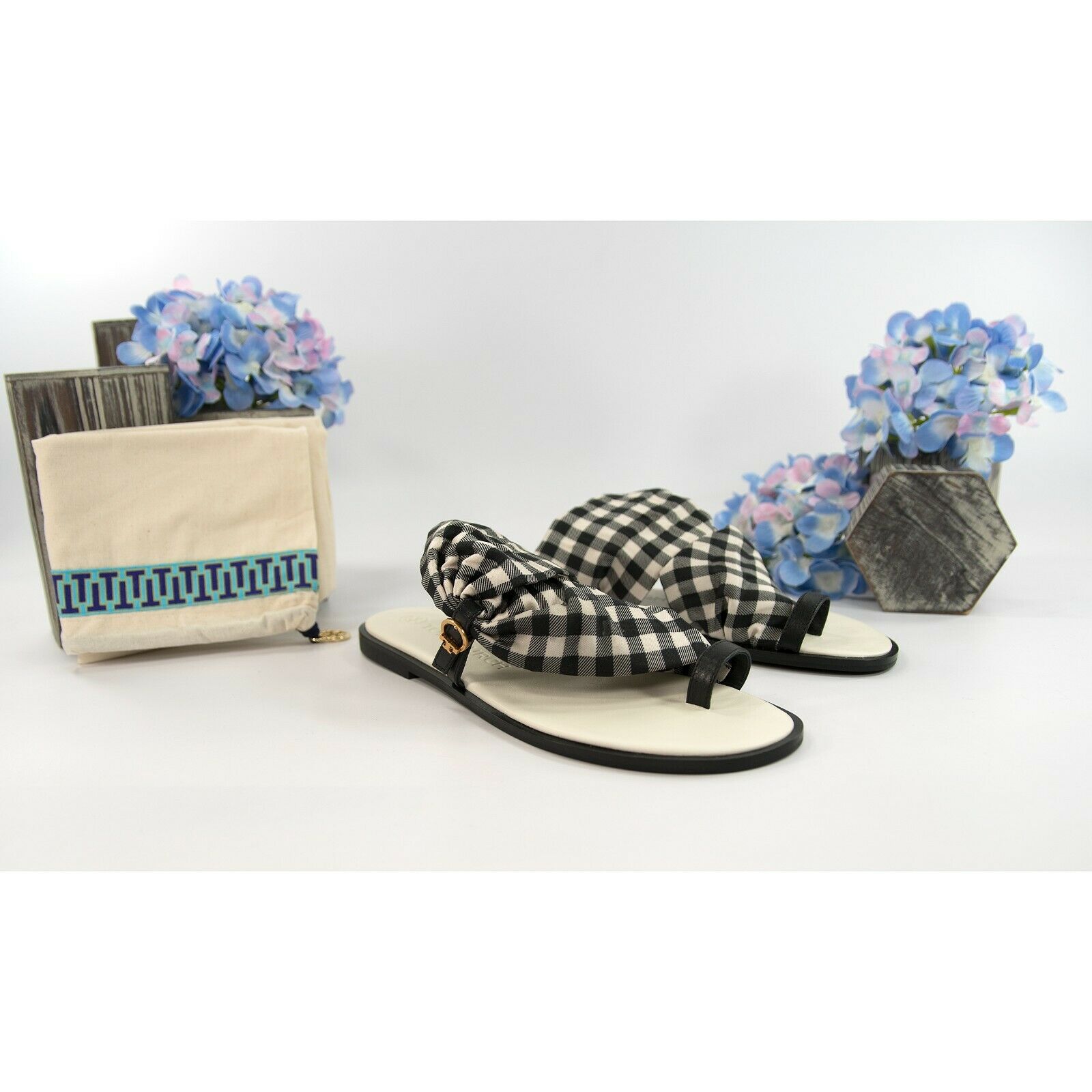 Tory Burch Black New Ivory Gingham Twill Leather Selby Scarf Sandals S –  Design Her Boutique