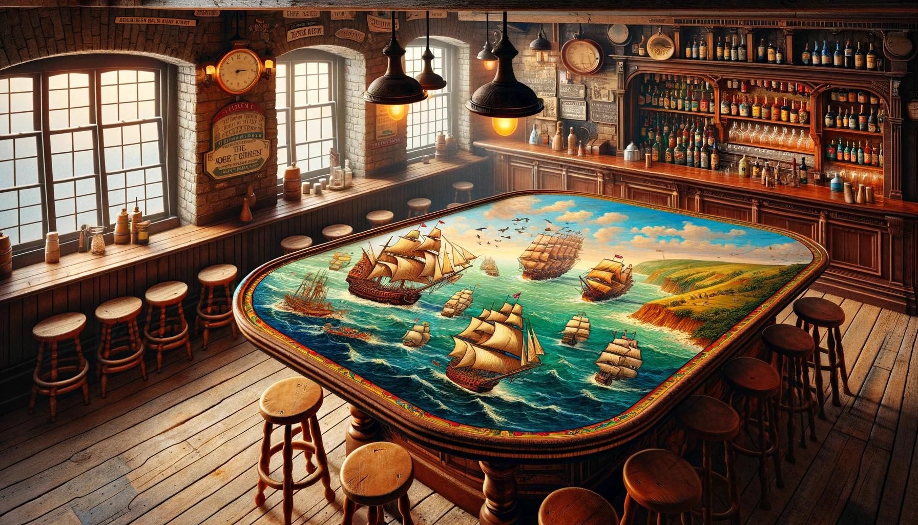 A bar table with a ship model on it