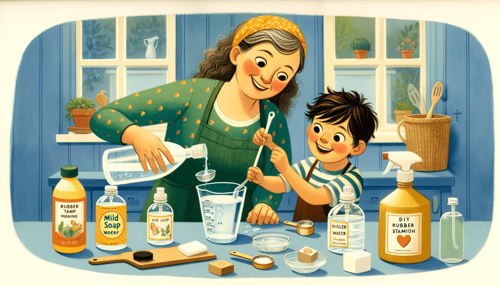 a mother and son making rubber stamp cleaning solution together