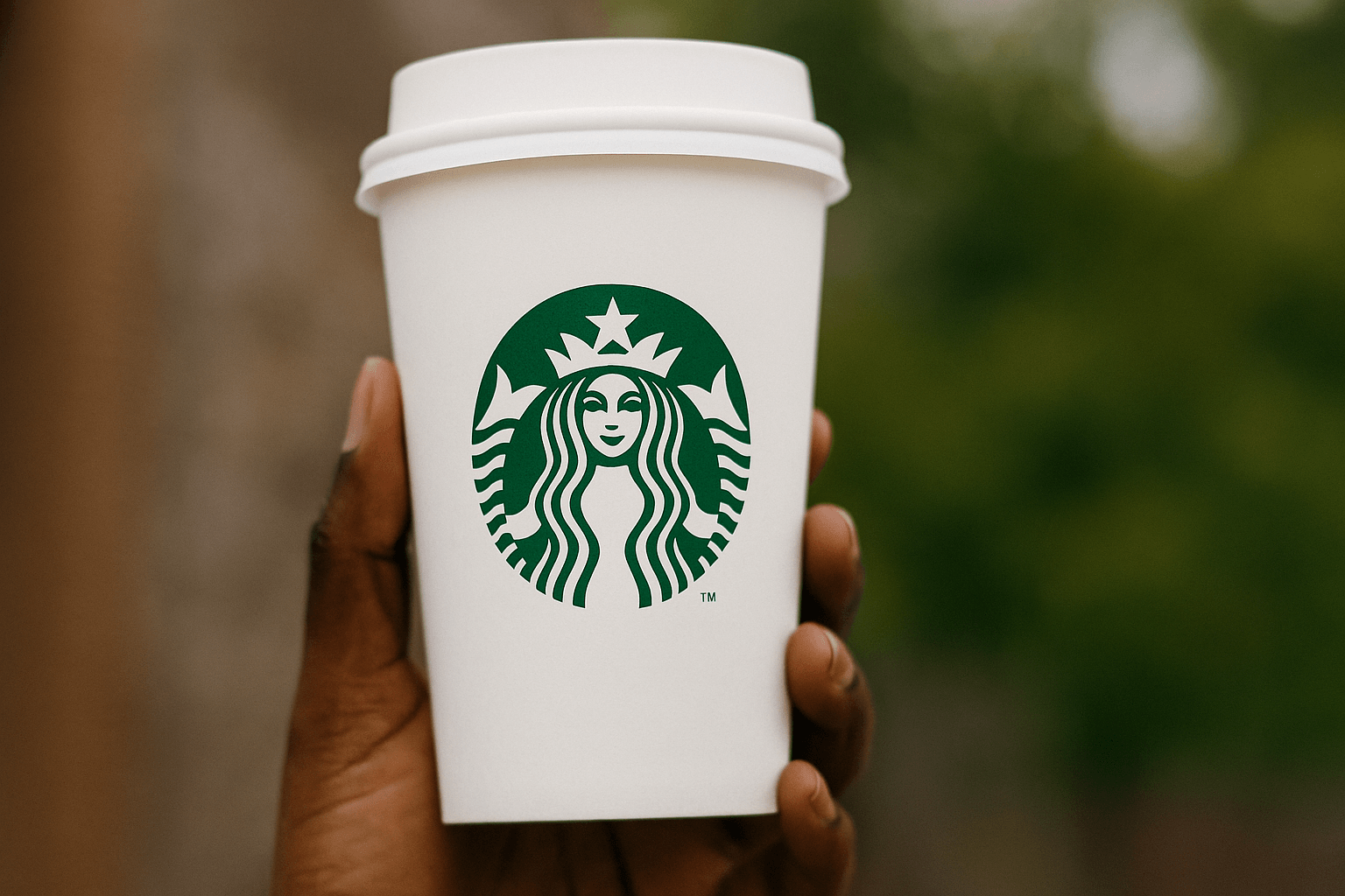 Close-up of a hand holding a Starbucks cup with the green siren submark logo outdoors