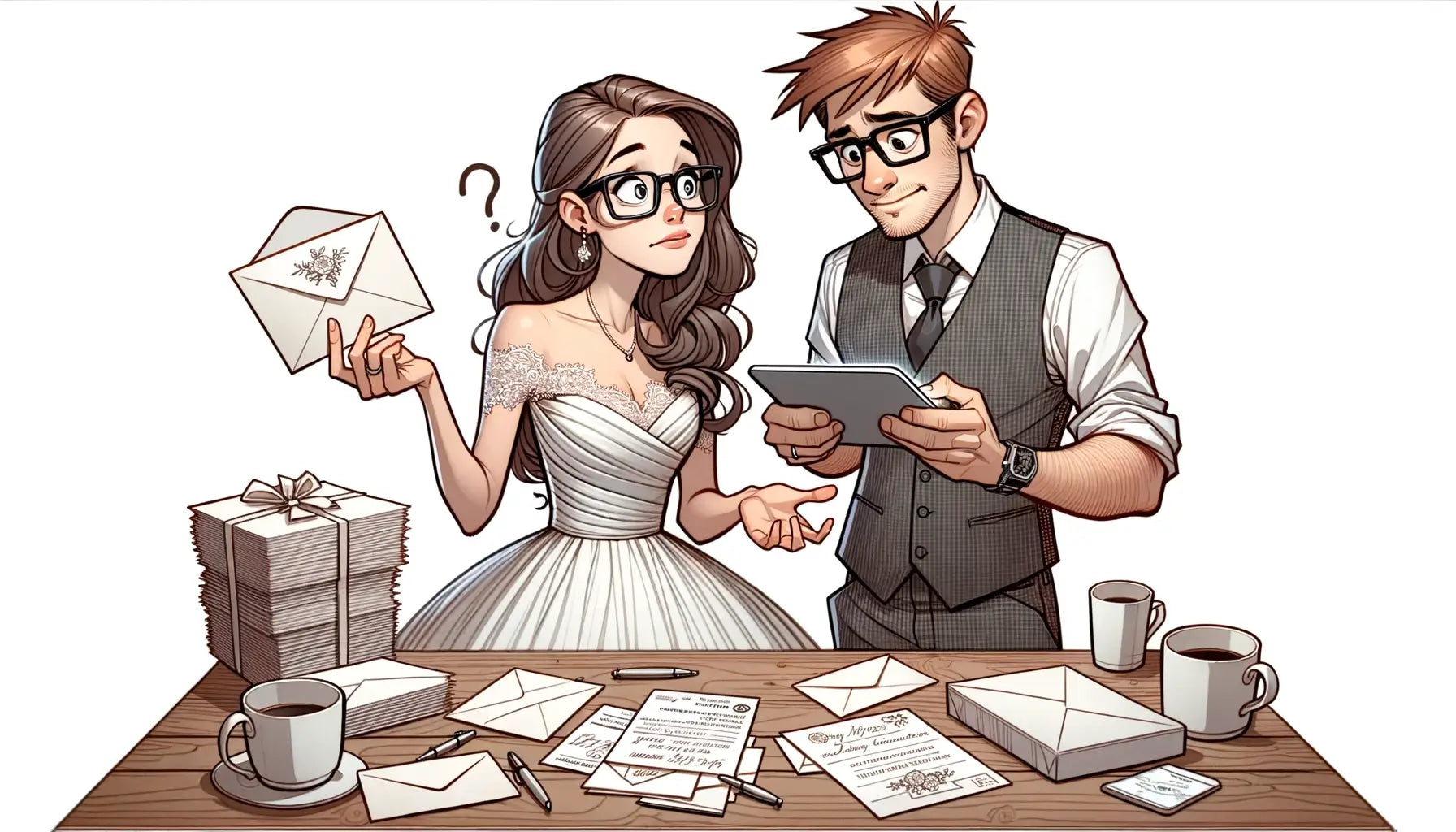 a couple trying to figure out where to place return address stamp on wedding invitation