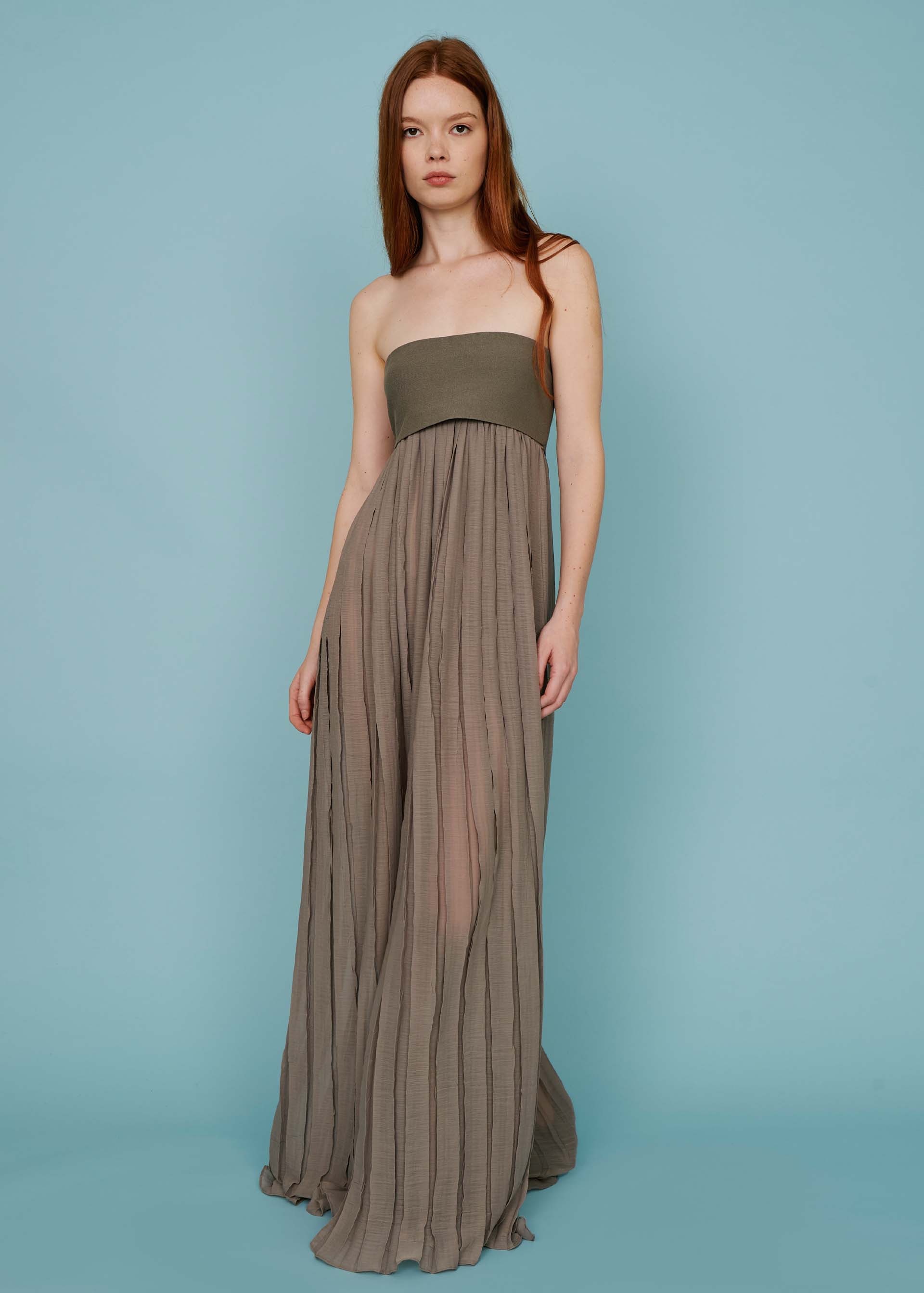 Malo Long Pleated Dress In Brown