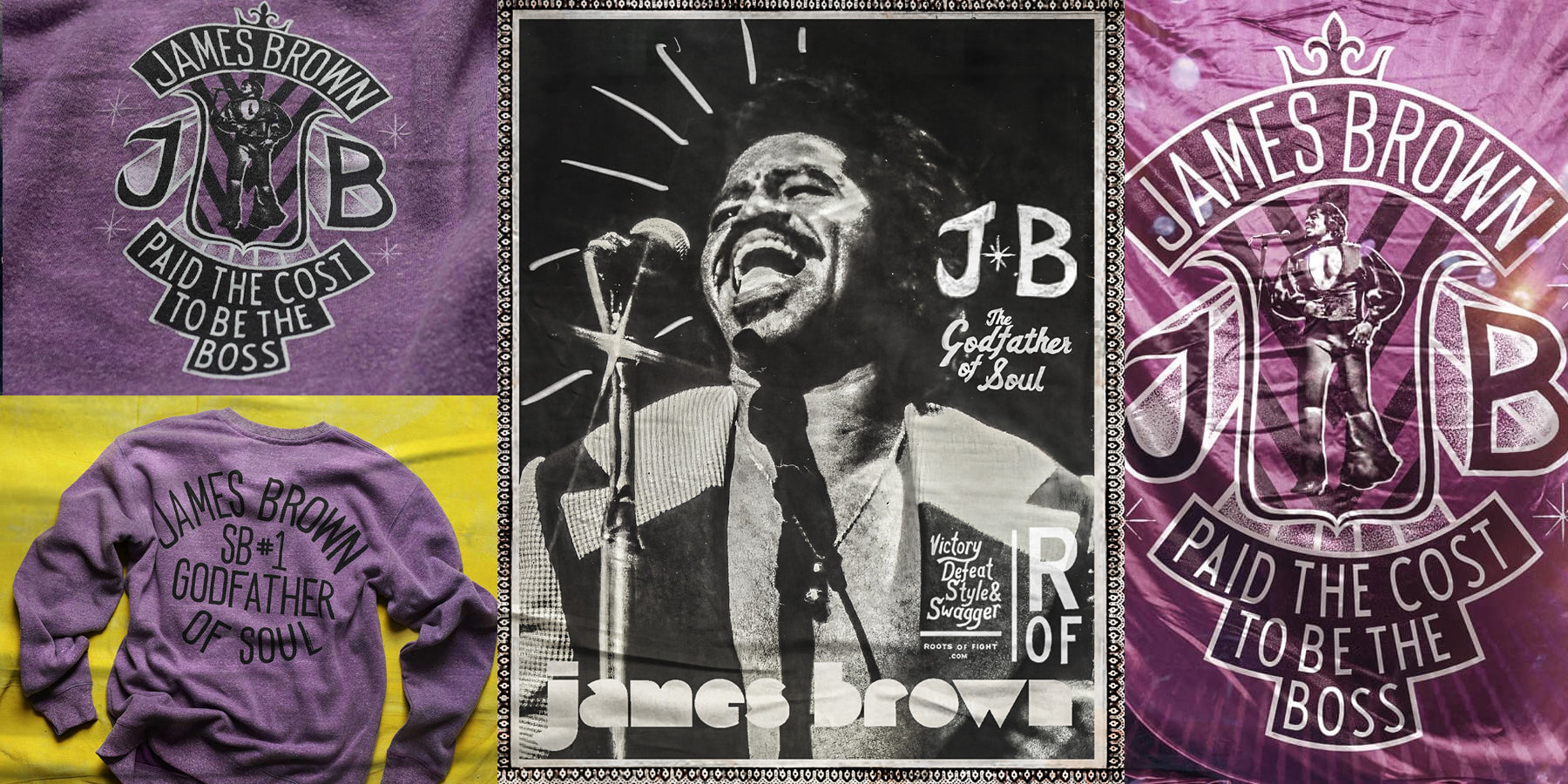 Stylized poster of James Brown singing into a microphone with text 'The Godfather of Soul' and 'Victory.'