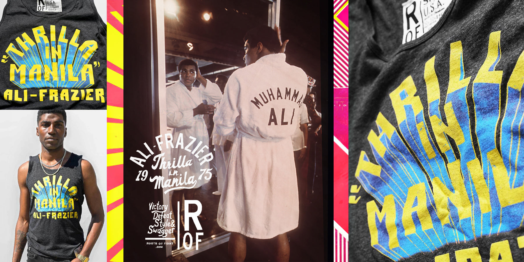 Triptych collage: Tank top with 'Thrilla in Manila' logo, Muhammad Ali in a robe, close-up of the logo on a shirt.