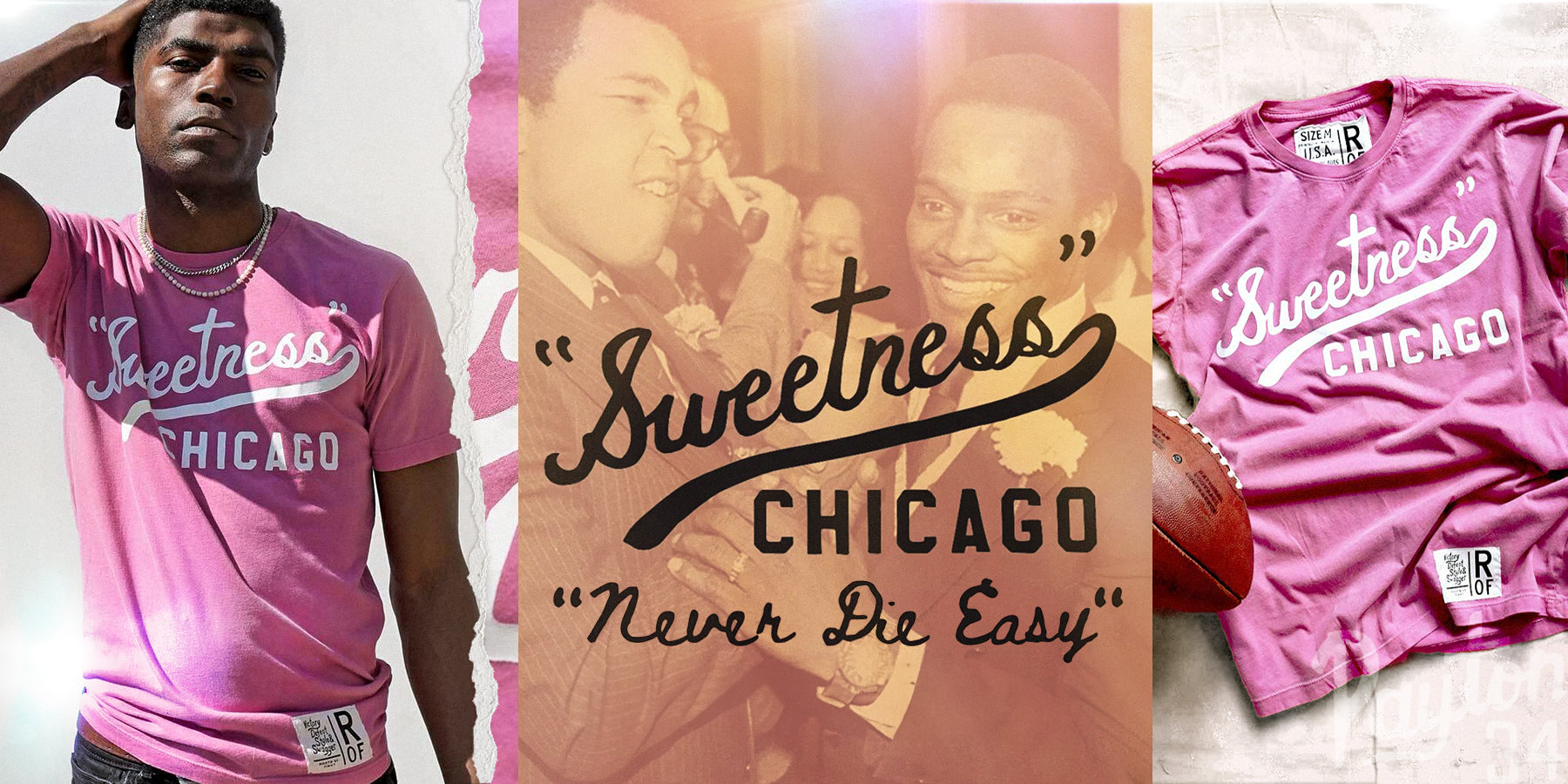 Man wearing a pink 'Sweetness Chicago' T-shirt, with vintage photo and similar shirt design.