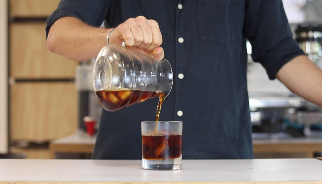iced filter coffee pouring into glass