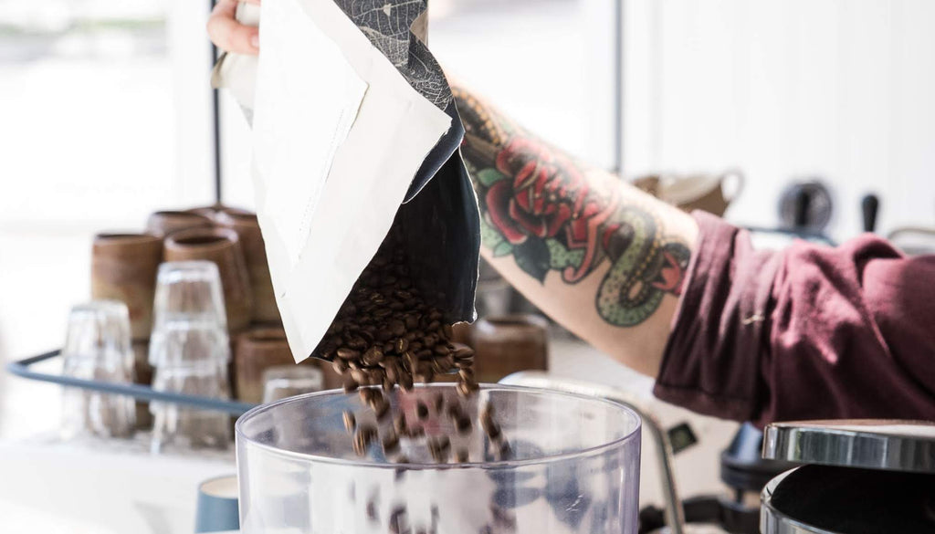 coffee beans pouring into grinder hopper