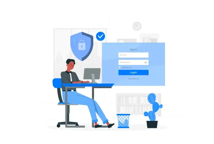 Developer sitting at a desk applying login protection measures on a screen with shield and lock icons