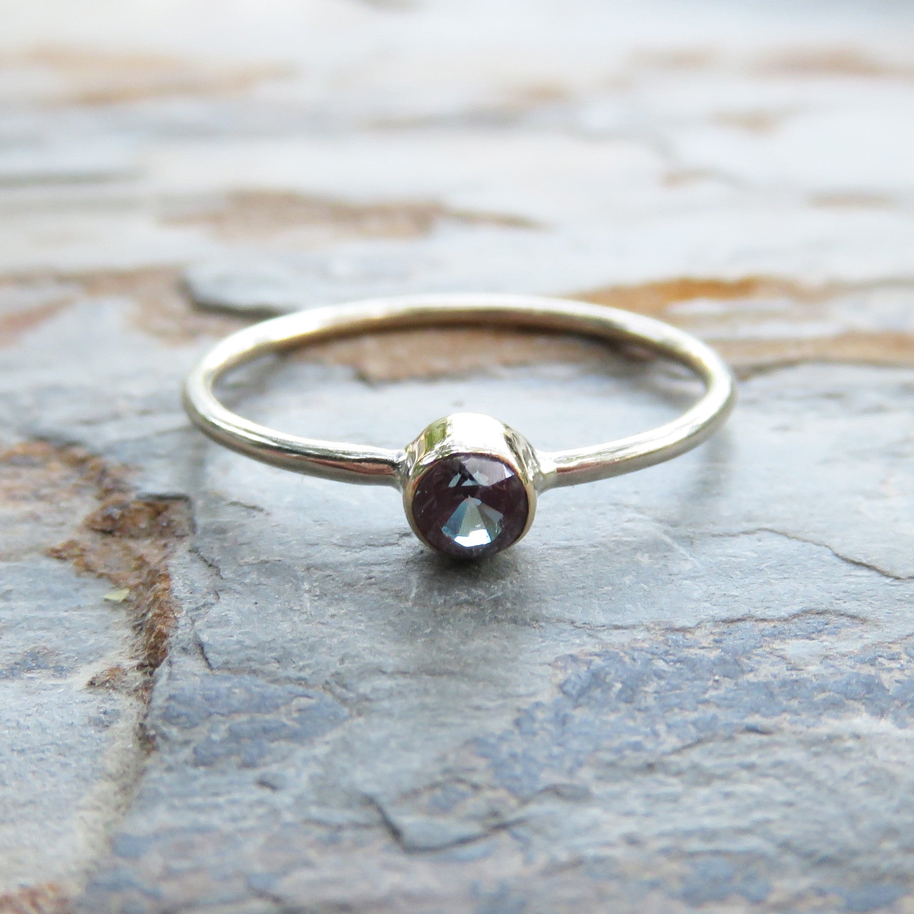 Tiny Alexandrite Ring in Solid 14k Yellow or White Gold: June Birthstone Stacking Ring