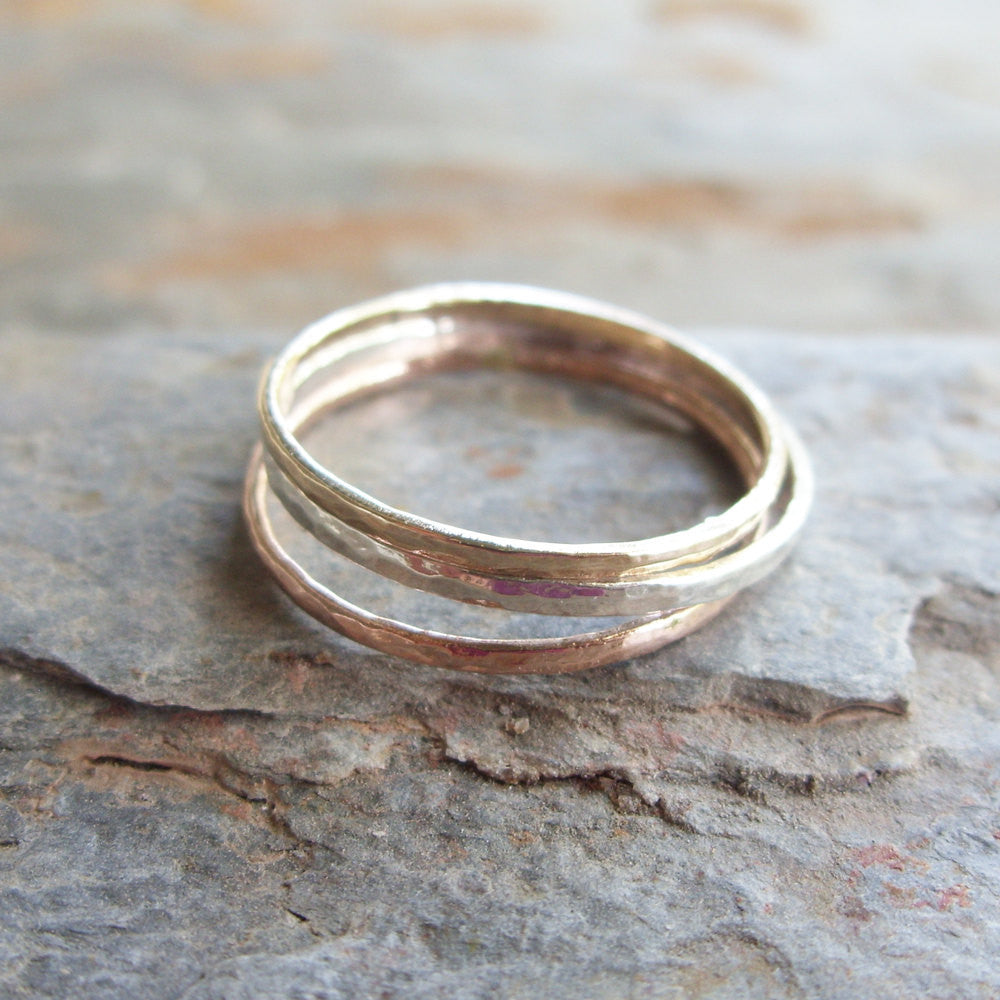 Tri-Color Hammered Gold Stacking Rings - Thin Rose, Yellow, and White ...
