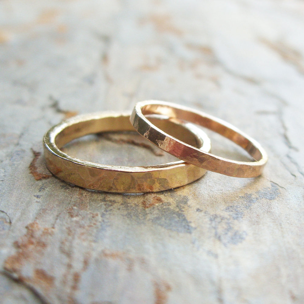 Hammered Matching Wedding Band Set in Solid 14k Yellow or