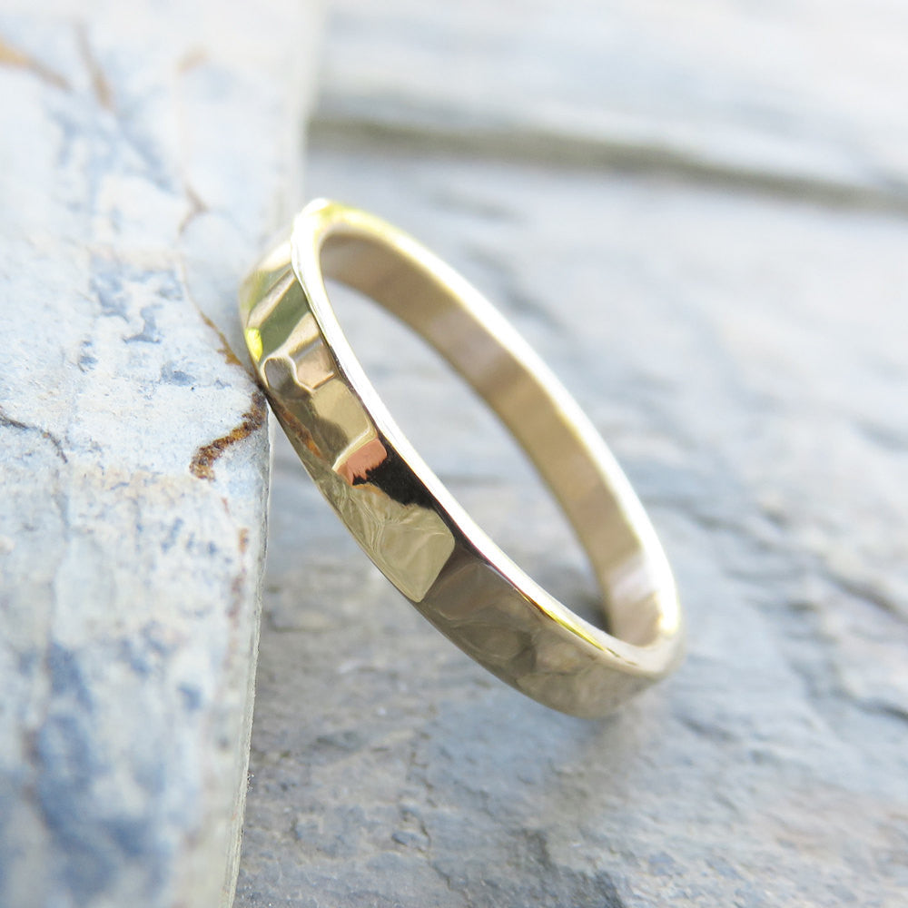 Hammered Matching Wedding Band Set in Solid 14k Yellow or