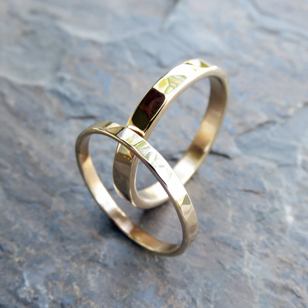 Hammered Matching Wedding Band Set in Solid 14k Yellow or